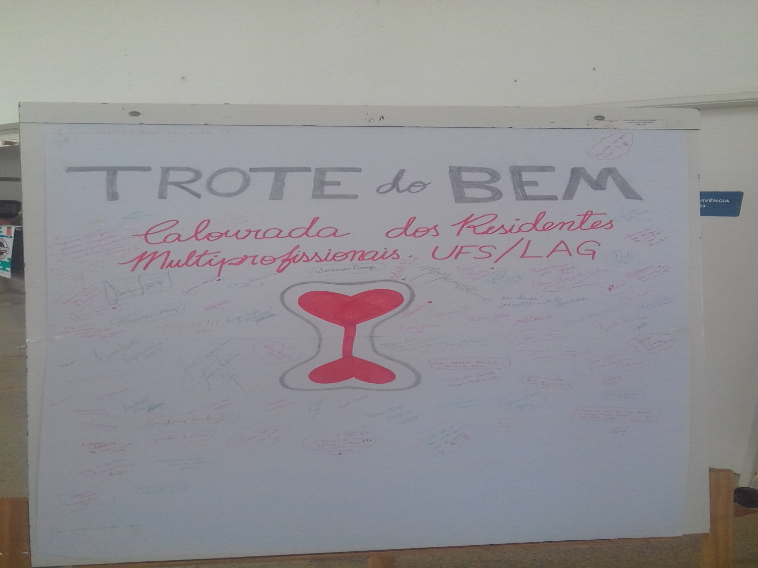 Cartaz do "Trote do Bem" com assinatura dos voluntários