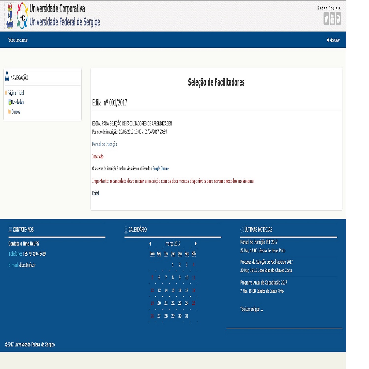 Página do site capacitese.ufs.br onde está o menu de inscrição para facilitador do Programa de Capacitação