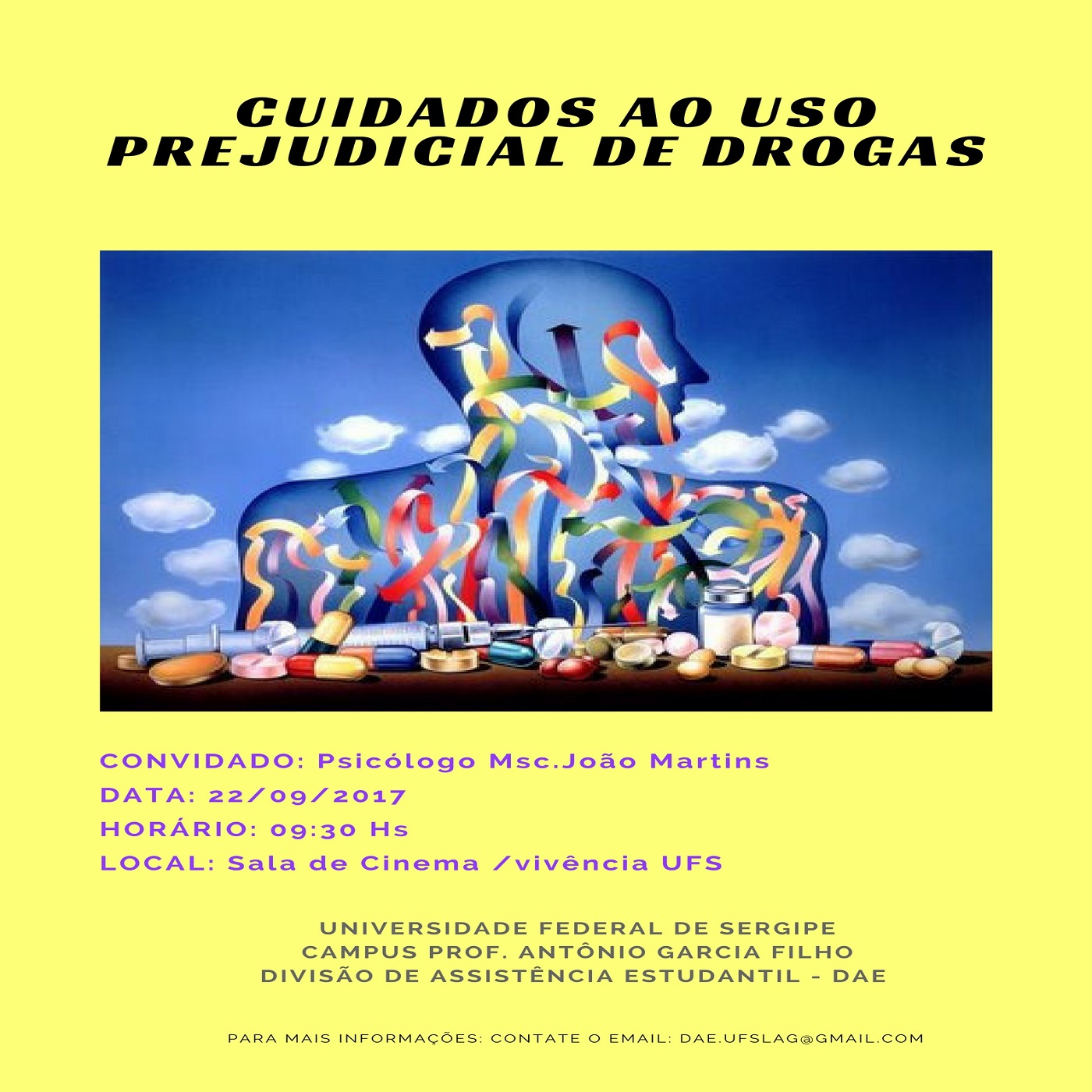 Cartaz sobre a palestra "Cuidados ao Uso Prejudicial de Drogas"